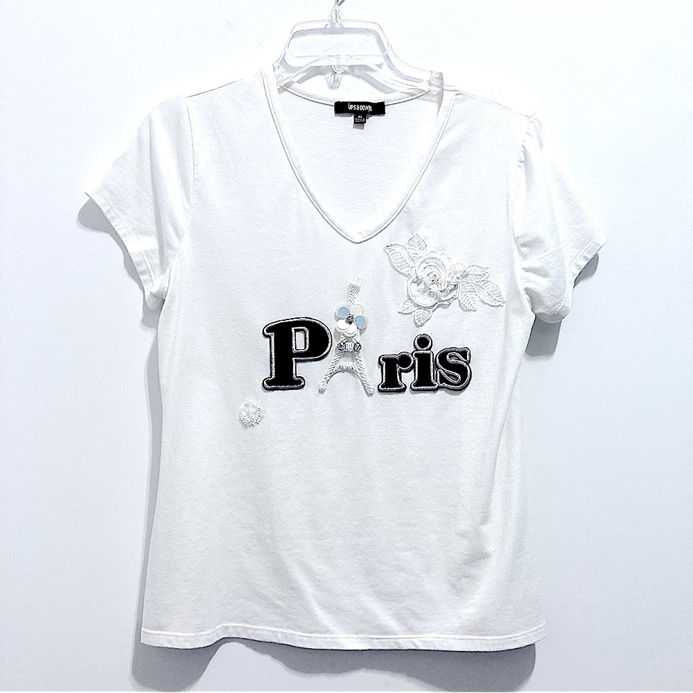 Ups & Down Women’s Eiffel Tower Paris France Cotton Tee V-Neck